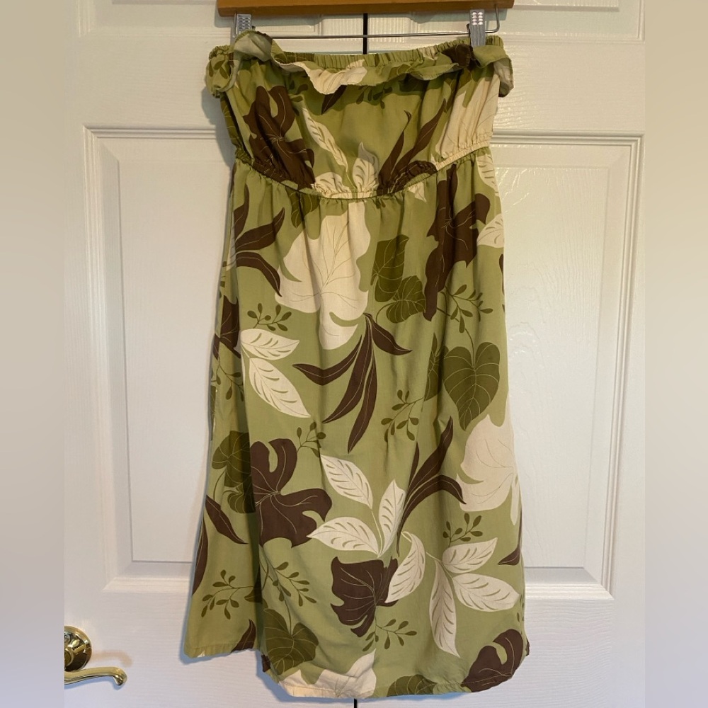 Green & Brown Leaf Print Strapless Dress w/ Ruffle